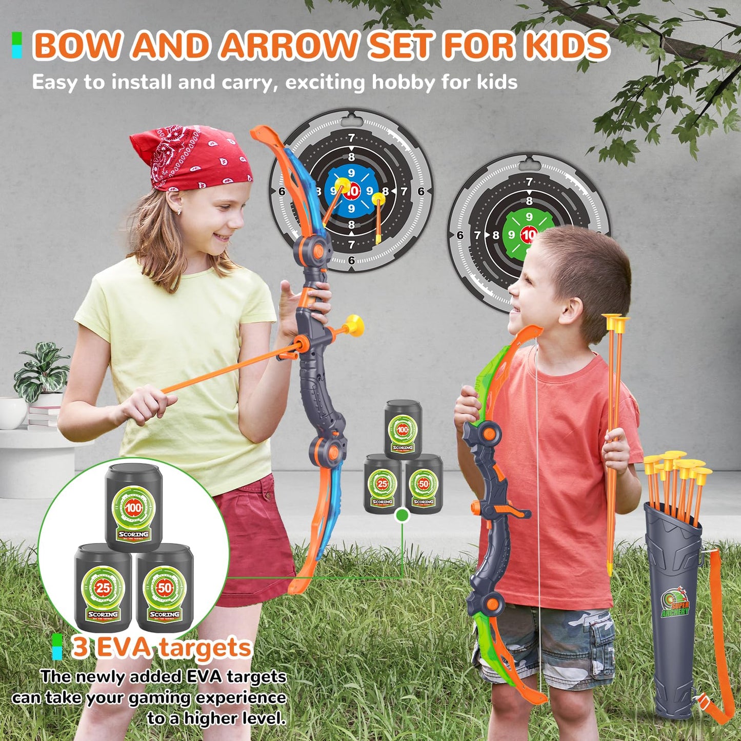 GMAOPHY Bow and Arrow for 5 6 7 8 9 10 11+ Year Old Boys, Birthday Gift for Kids, Indoor Outdoor Activity Toys, 2 Pack LED Light Up Archery Toy with 20 Suction Cup Arrows, Standing Target, 2 Quiver