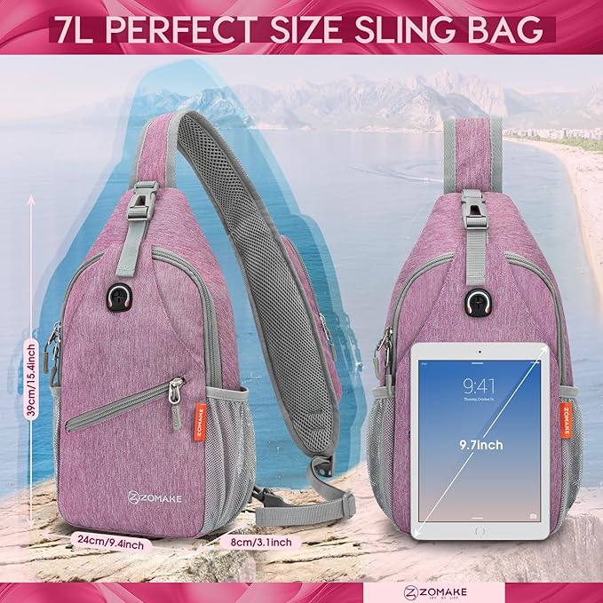 ZOMAKE Small Sling Bag, Travel Sling Backpack, Waterproof Hiking Cycling Crossbody pack for Men Women(Purple)