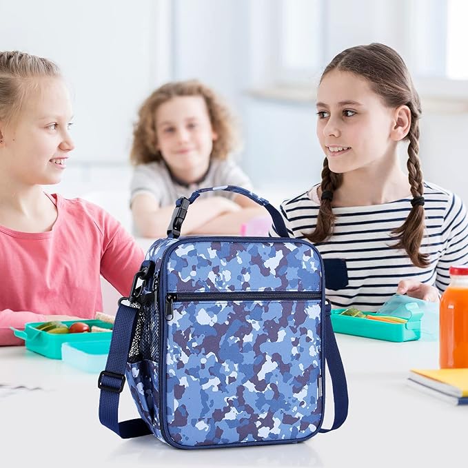Kids Insulated Lunch Box Bag, Thermal Picnic Cool Bags with Adjustable Strap for Adults Children Women Men Boys Girls School Work (CAM-Blue)