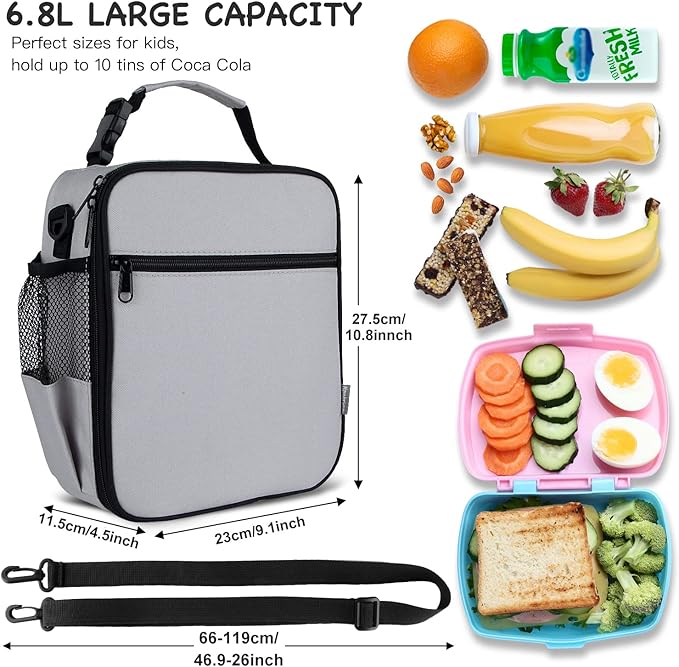Kids Insulated Lunch Box Bag, Thermal Picnic Cool Bags with Adjustable Strap for Adults Children Women Men Boys Girls School Work (Gray)