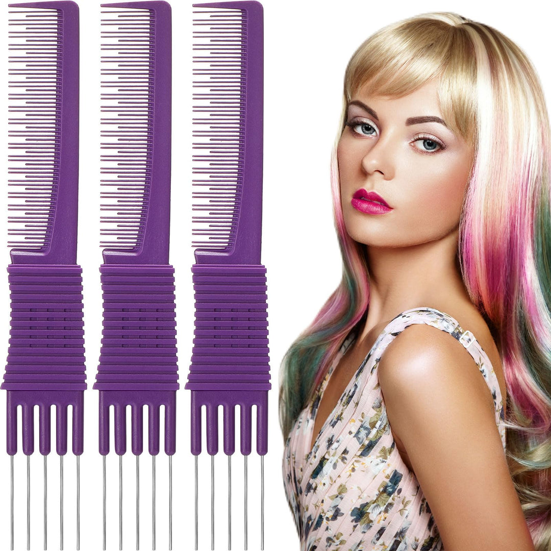 Leinuosen 3 Pack Carbon Lift Teasing Combs With Metal Prong, Hair Pick Comb For Women Hair Styling(Purple)