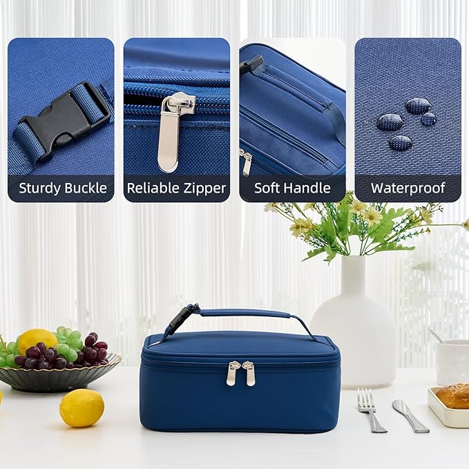 Small Lunch Box Insulated Lunch Bag for Women Men, Bento Kids Lunch Box, Compact Portable Thermal Meal Cooler Bags with Buckle Handle for Work & School, Navy Blue 5L