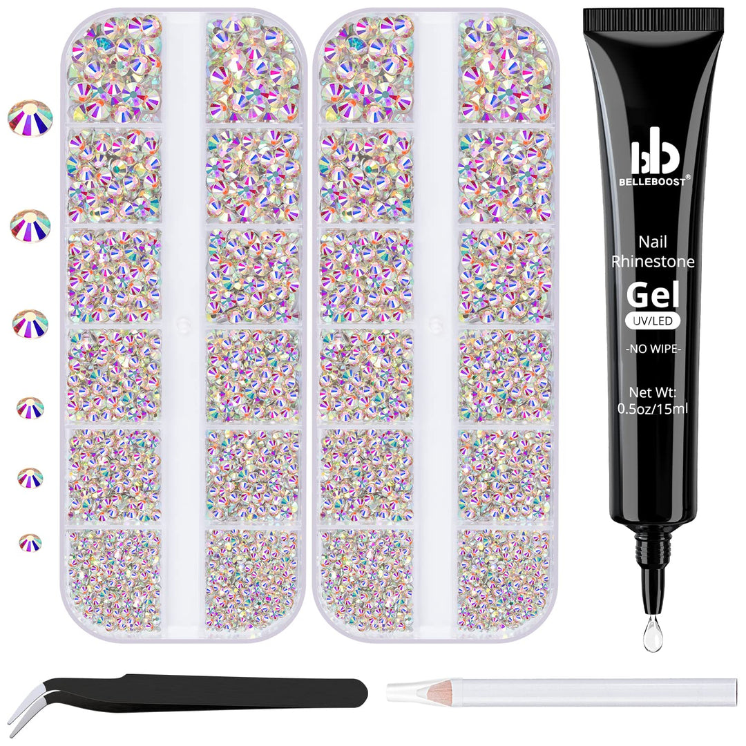 Nail Art Rhinestone Glue Gel&2 Boxes Flatback Gems Accessories Kit, 1 Tube Of 15Ml Rhinestone Gel Glue(Uv/Led Needed)+Crystal Ab