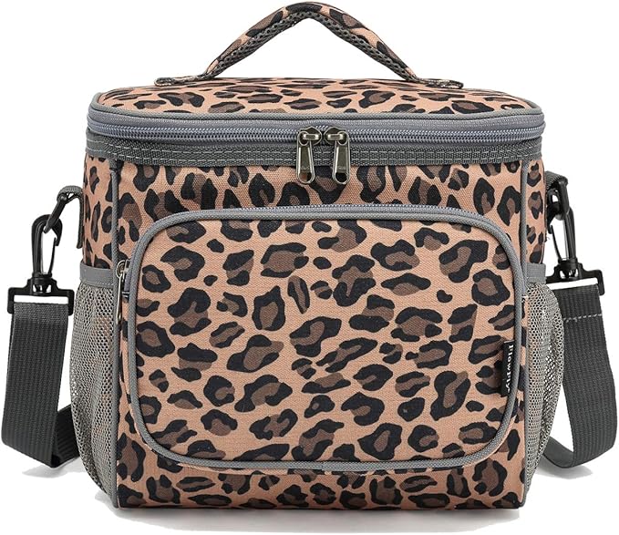 FlowFly Insulated Reusable Lunch Bag Adult Large Lunch Box for Women and Men with Adjustable Shoulder Strap,Front Zipper Pocket and Dual Large Mesh Side Pockets,Leopard