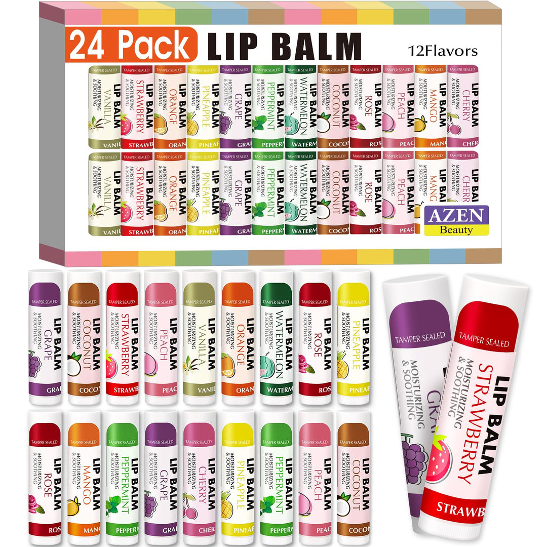 AZEN 24 Pack Lip Balm Stocking, Natural Lip Balm Bulk, Moisturizing Lip Balm for Dry Lips