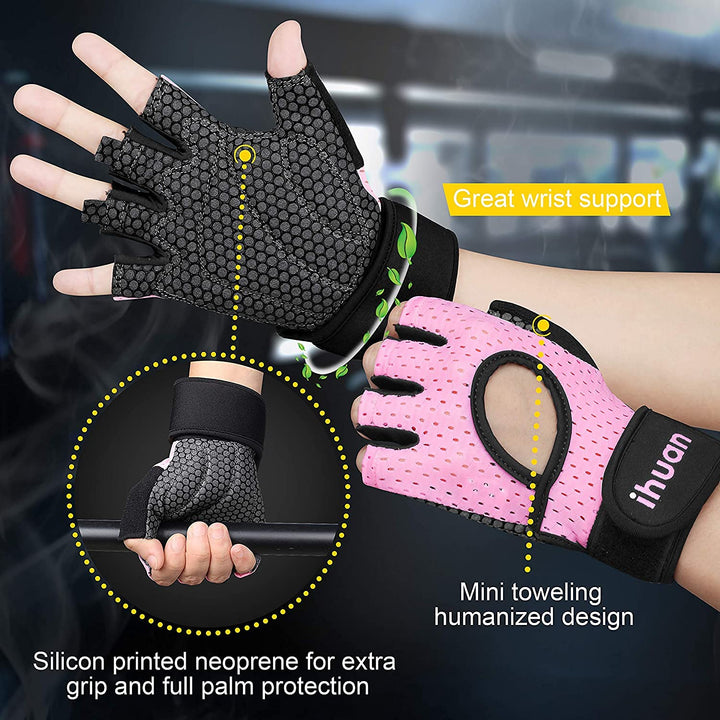 ihuan Breathable Weight Lifting Gloves: Fingerless Workout Gym Gloves Wrist Support Palm Protection Extra Grip for Fitness Rowing Pull-ups (Pink, XS)