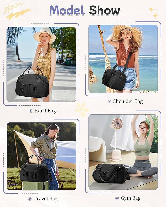 Small Black Gym Duffle Bag for Women Men with Shoe Compartment, Mini Cute Weekender Handbag Carry on Travel Bag for Airplane, Water Resistant Sports Yoga Tote Bag with Dry Wet Separated Pocket.