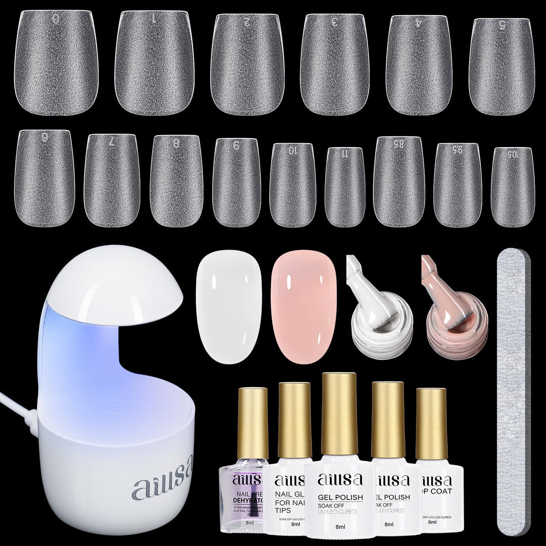 Aillsa Extra Short Coffin Gel Nail Kit 240Pcs Full Nail Tips With 2 In 1 Nail Glue Base Top Coat Nail Dehydrator U V Led Lamp, G
