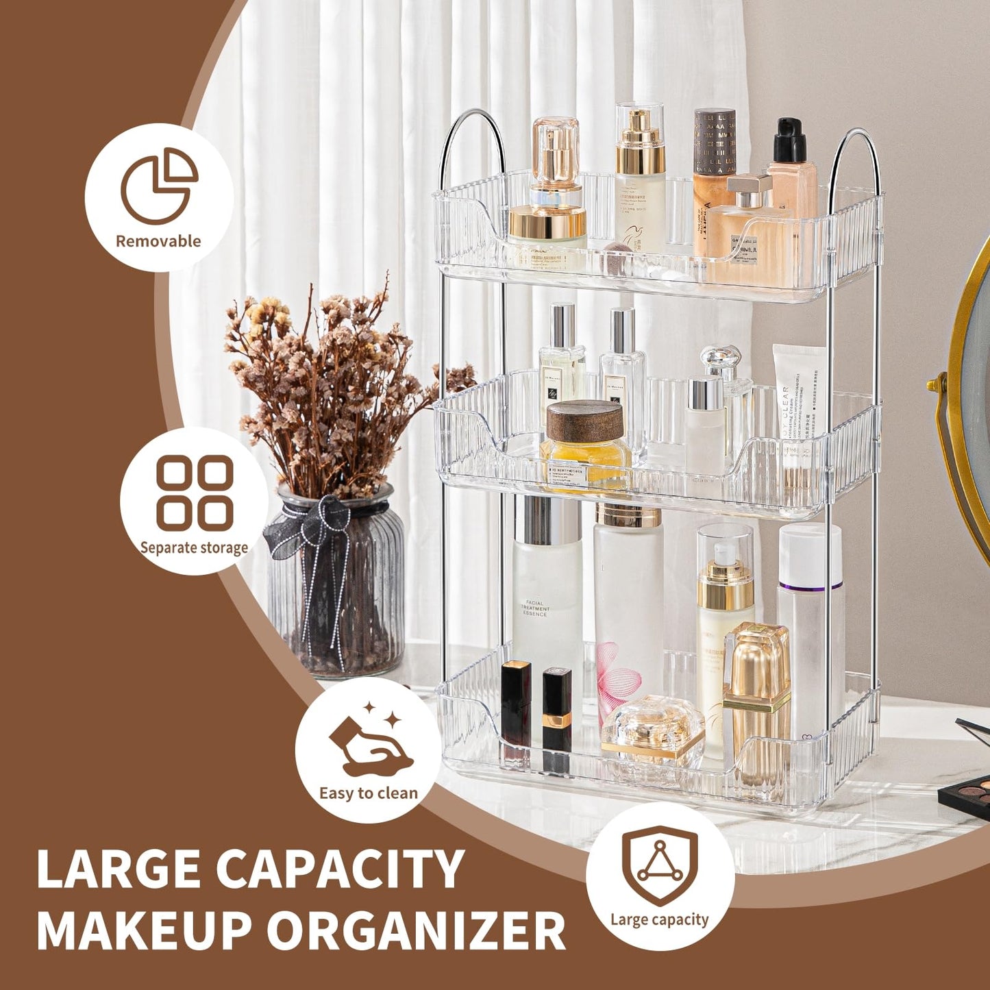 Bathroom Organiser Countertop - Vanity Trays for Skincare Makeup, 3-Tier Counter Shelf for Cosmetics, Toiletries, Lotions, Perfumes (Clear)