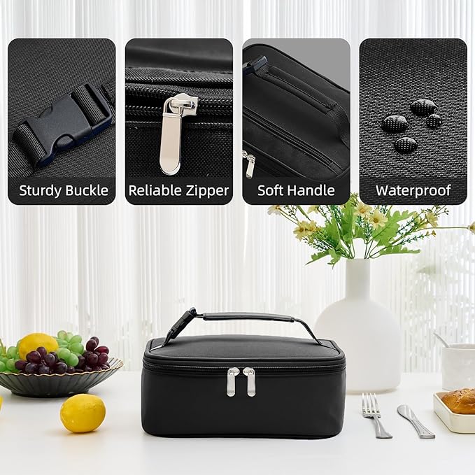 Small Lunch Box Insulated Lunch Bag for Women Men, Bento Kids Lunch Box, Compact Portable Thermal Meal Cooler Bags with Buckle Handle for Work & School, Black 5L