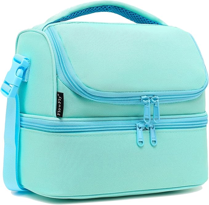 FlowFly Double Decker Cooler Insulated Lunch Bag Large Tote for Boys, Girls, Men, Women, With Adjustable Strap,Light Blue