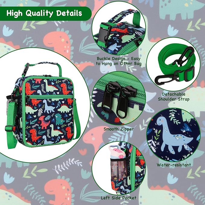 Kids Insulated Lunch Box Bag, Thermal Picnic Cool Bags with Adjustable Strap for Adults Children Women Men Boys Girls School Work (Dinosaur)