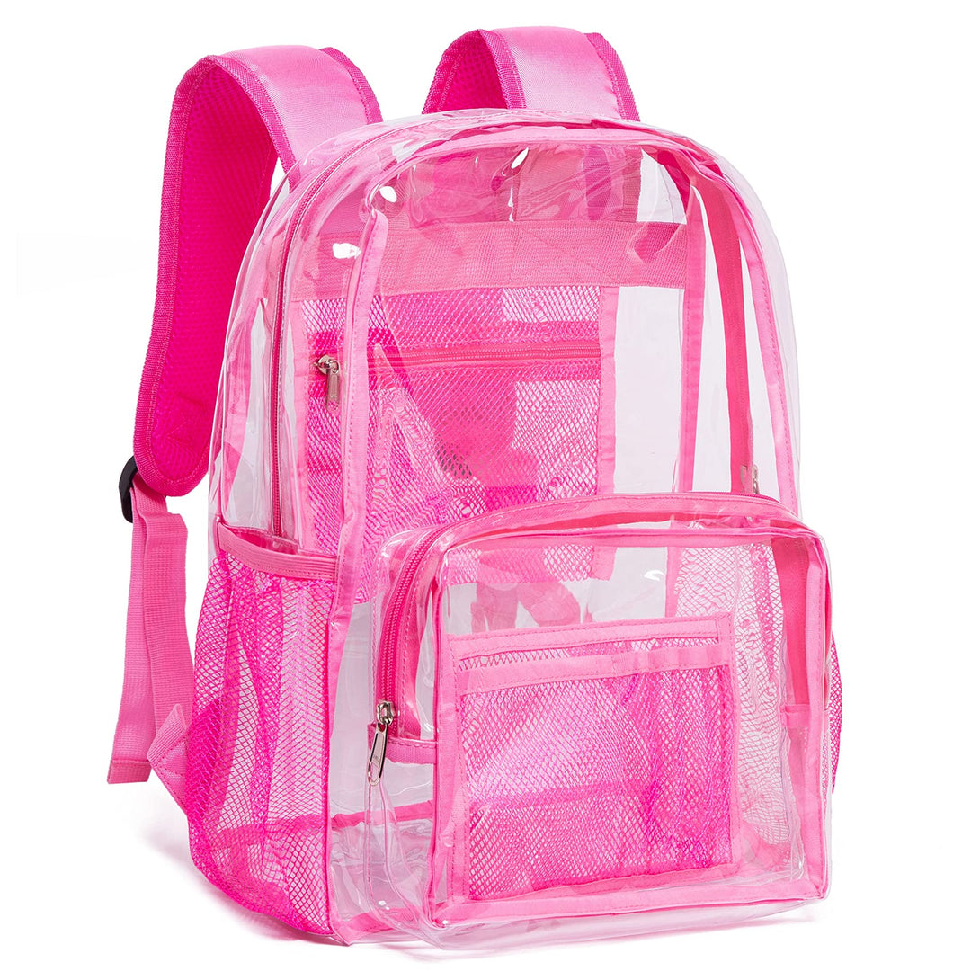 Vorspack Clear Backpack Heavy Duty PVC Transparent Backpack with Reinforced Strap & Large Capacity for College Workplace Security - Pink