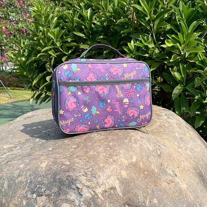 FlowFly Kids Lunch box Insulated Soft Bag Mini Cooler Back to School Thermal Meal Tote Kit for Girls, Boys, Purple Unicorn