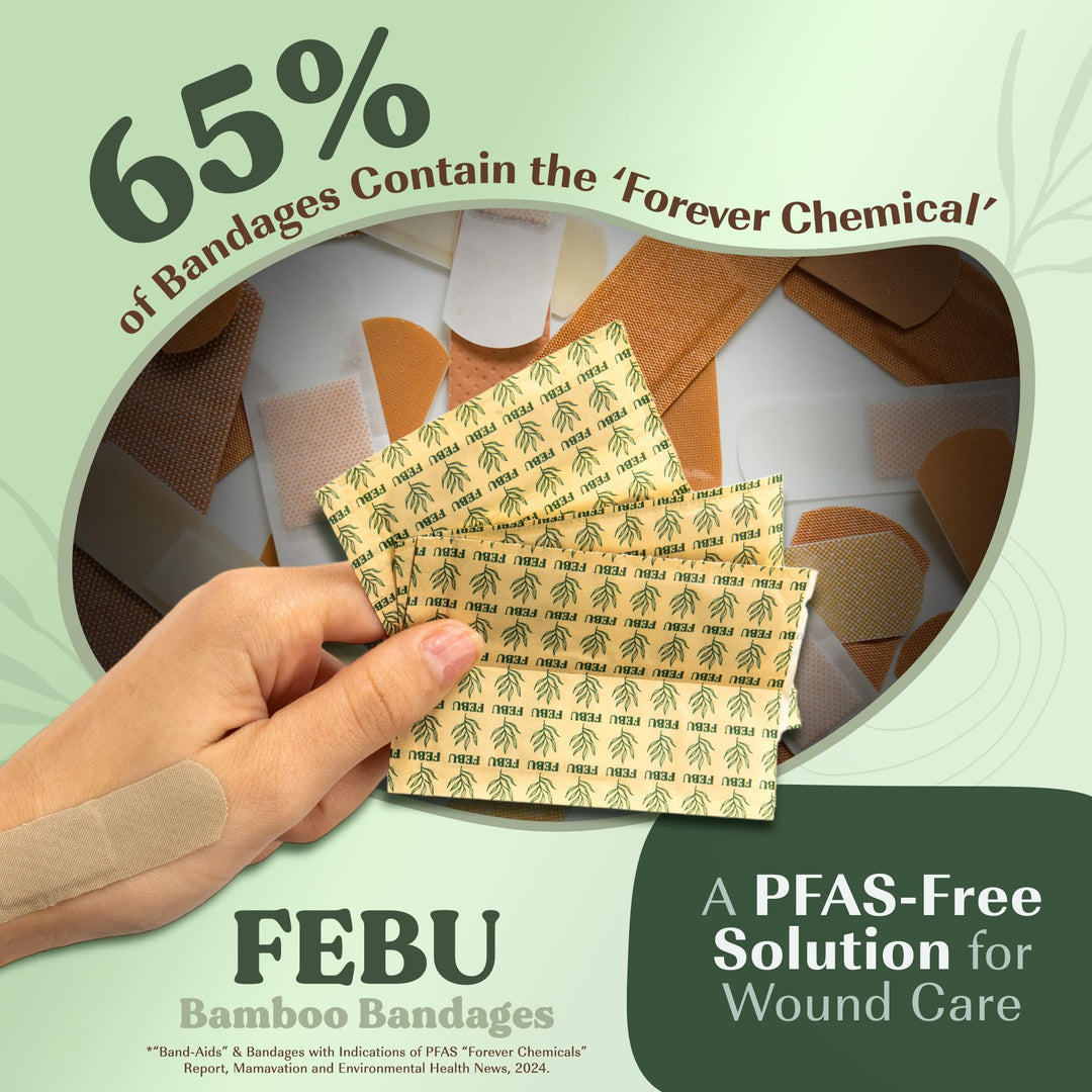 FEBU Eco-Friendly Organic Bamboo Fabric Bandages for Sensitive Skin | PFAS Free Flexible Latex Free Bandages | Natural Hypoallergenic Bandages for Scrapes, Cuts & First Aid | 75 Count Variety Pack
