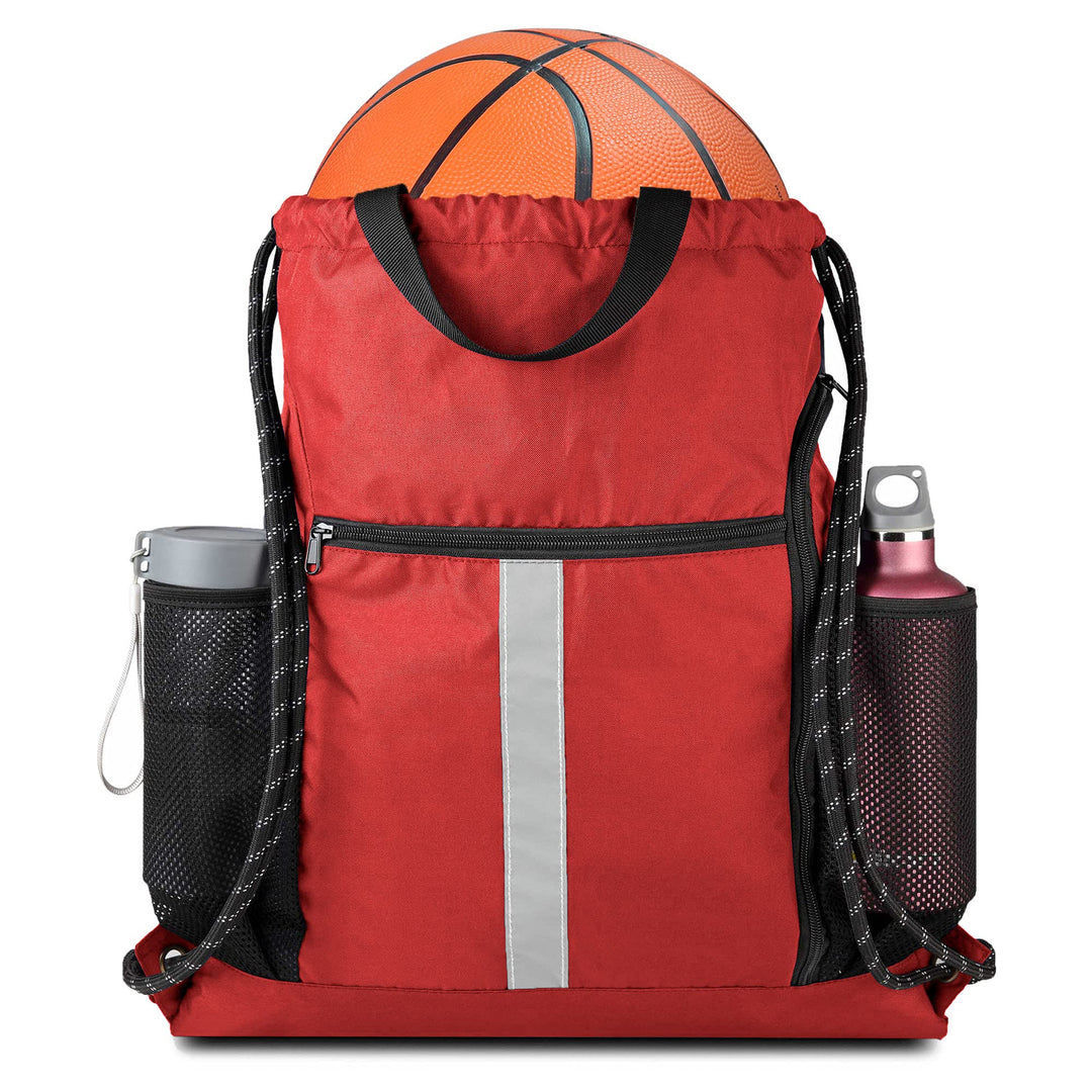 BeeGreen Red Drawstring Backpack Gymsack Bag with Shoe Compartment and Two Side Mesh Pockets Lightweight Durable Sports Cinch Sackpack 1 Pack for Women Men Workout Swim