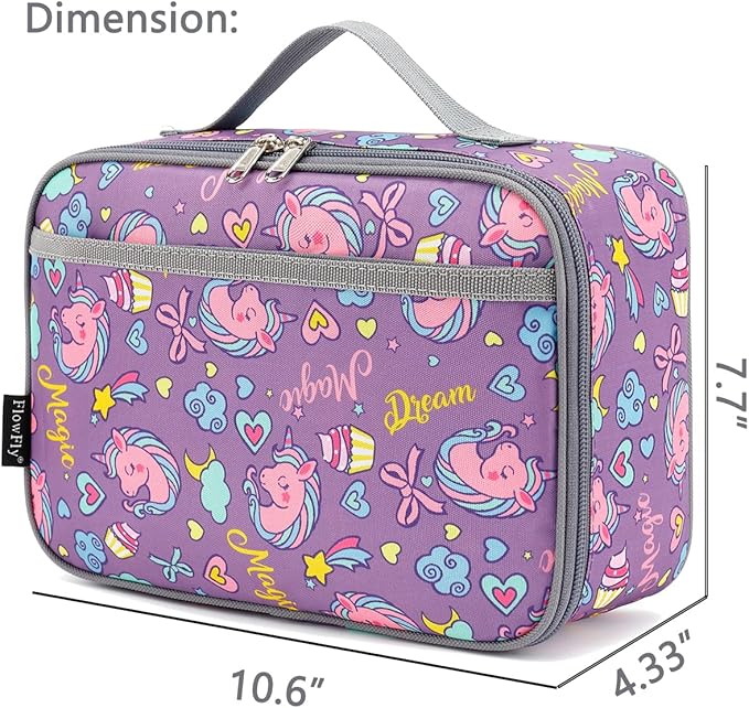 FlowFly Kids Lunch box Insulated Soft Bag Mini Cooler Back to School Thermal Meal Tote Kit for Girls, Boys, Purple Unicorn