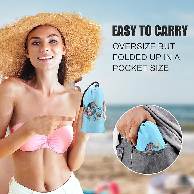 Large Beach Blanket Waterproof Sandproof 79"x 83" for 1-4 Adults,Quick Drying Beach Mat,Lightweight & Durable,Beach Essentials for Family Beach Camping Travel Picnic (Sea Horse)