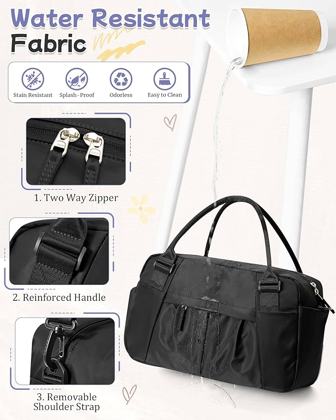 Small Black Gym Duffle Bag for Women Men with Shoe Compartment, Mini Cute Weekender Handbag Carry on Travel Bag for Airplane, Water Resistant Sports Yoga Tote Bag with Dry Wet Separated Pocket.
