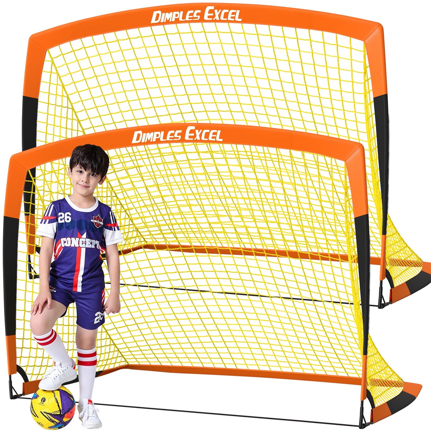 Dimples Excel Soccer Goals Kids Soccer Net for Backyard (5x3.6 FT 2 Set, Orange Black)