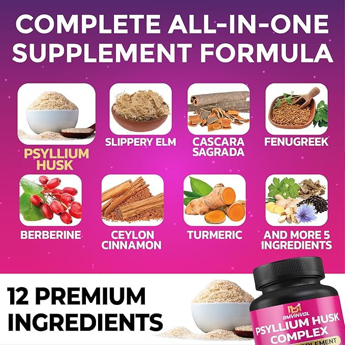 BMVINVOL Psyllium Husk, Slippery Elm, Cascara Sagrada, Fenugreek, Berberine, Cinnamon, Turmeric + 5 Mores - Immune Support & Digestive Health Supplement - 90 Capsules