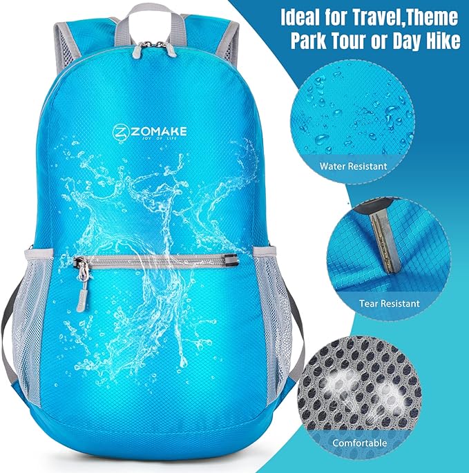 ZOMAKE Ultra Lightweight Hiking Backpack 20L, Packable Small Backpacks Water Resistant Daypack for Women Men(Light Blue)