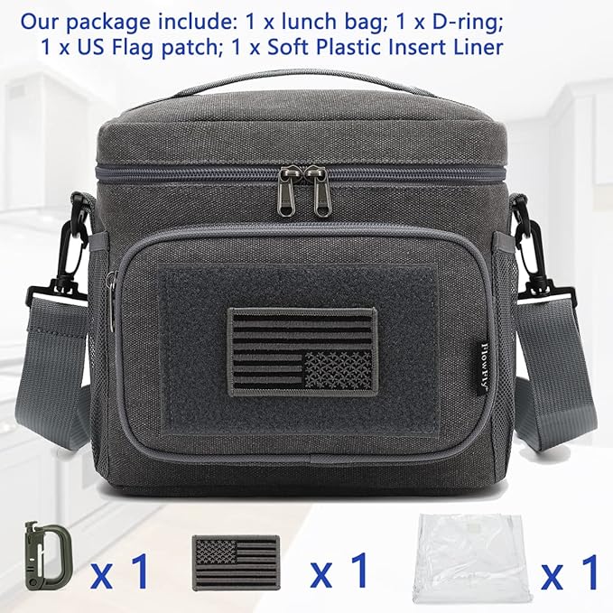 FlowFly Lunch Bag, Insulated Cooler, Thermal Lunch Box Tote with MOLLE/PALS Webbing, Adjustable Padded Shoulder Strap, for Tactical Men Women Adults and Boys Girls Kids (Navy, Medium)