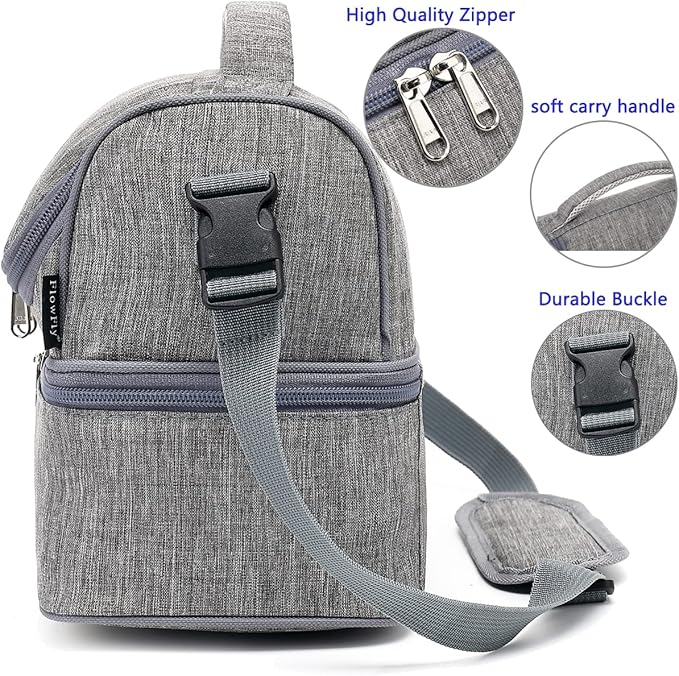 FlowFly Double Decker Cooler Insulated Lunch Bag Large Tote for Boys, Girls, Men, Women, With Adjustable Strap (Grey)
