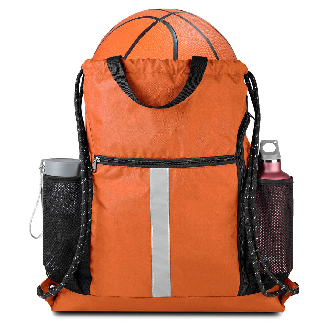 BeeGreen Orange Drawstring Backpack Bag Cinch Sack with Shoe Compartment and Two Side Mesh Pockets Lightweight Large Sturdy Drawstring Gym Sackpack For Unisex