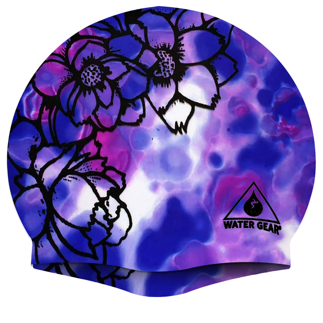 Water Gear Silicone Adult Swim Cap - Flexible Unisex Waterproof - Great for Short and Long Hair - Improve your Performance - Women Men and Teens -Triathlon Swimmers and Athletes - Blue Flower