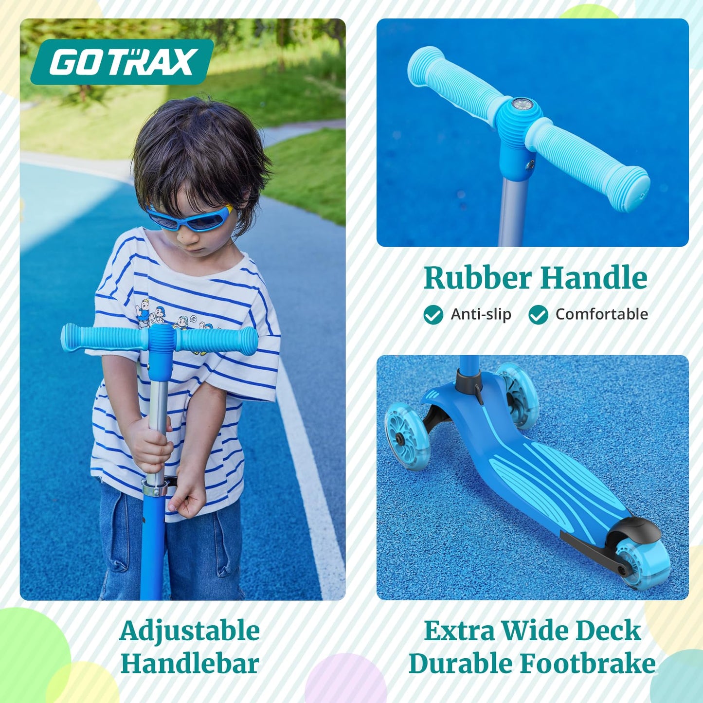 Gotrax KS3 Kids Kick Scooter, LED Lighted Wheels, Adjustable Height Handlebars and Removable Seat, Lean-to-Steer & Widen Anti-Slip Deck, 3 Wheel Scooter for Kids Ages 2-8 and up to 100 Lbs (Blue)