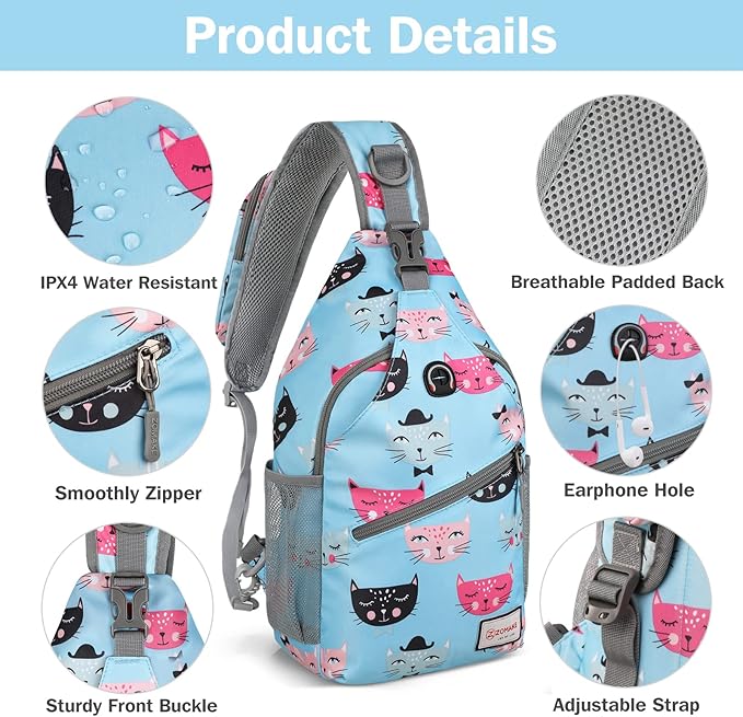ZOMAKE Sling Bag for Women Men, Small Crossbody Sling Backpack, Mini Water Resistant Shoulder Daypack for Travel, Anti Thief Chest Bag for Hiking, Sports(Cat's Head Light Blue)