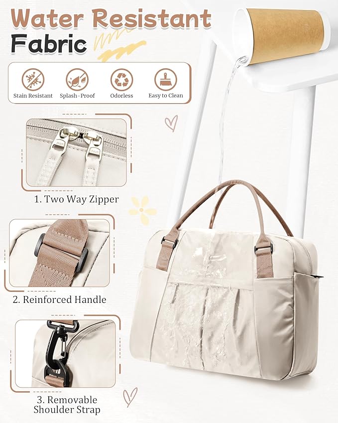 Gym Bag for Women, Large Travel Duffel Carry on Bag with Trolley Sleeve, Waterproof Weekender Bags with Shoe Compartment, Workout Overnight with Dry Wet Separated Pocket, Beige