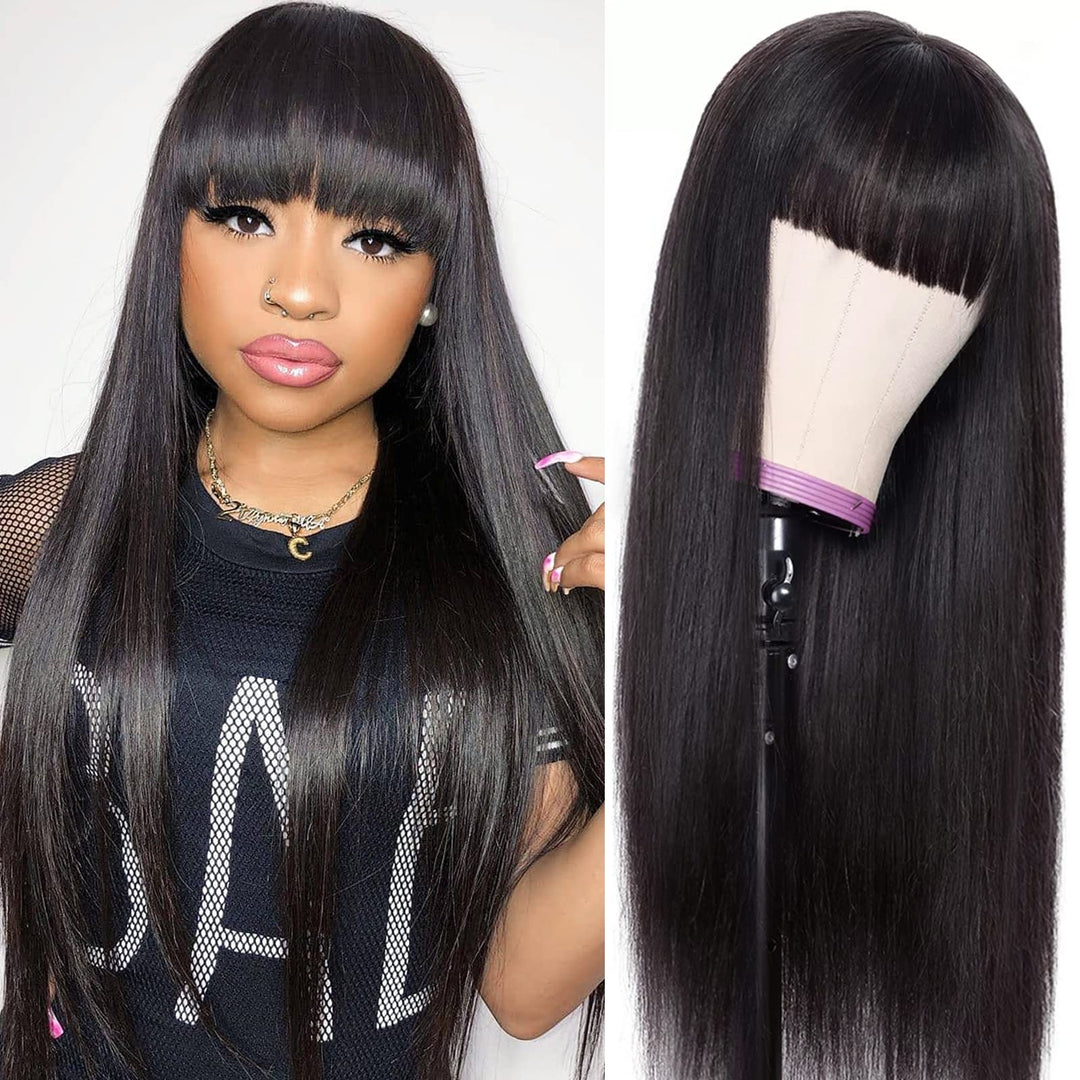 Straight Human Hair Wigs With Bangs None Lace Front Wigs 150% Density Glueless Machine Made Brazilian Virgin Human Hair Wigs For