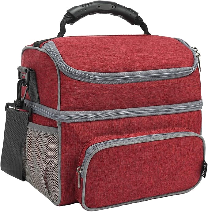 FlowFly Double Layer Cooler Insulated Lunch Bag Adult Lunch Box Large Tote Bag for Men, Women, With Adjustable Strap,Front Pocket and Dual Large Mesh Side Pockets