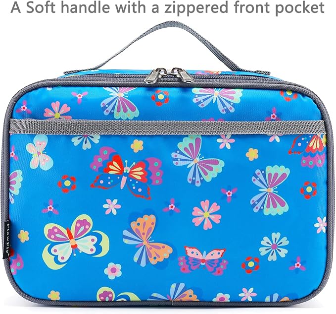 FlowFly Kids Lunch box Insulated Soft Bag Mini Cooler Back to School Thermal Meal Tote Kit for Girls, Boys, Butterfly
