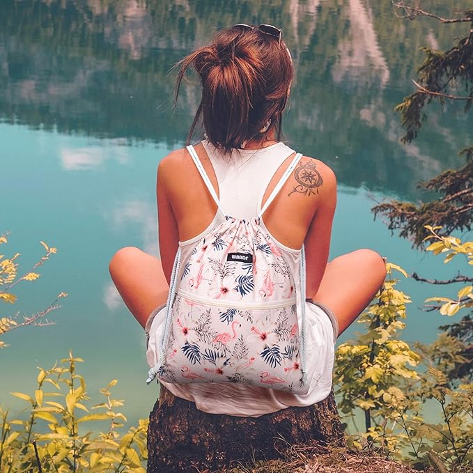 WANDF Drawstring Backpack String Bag Sackpack Cinch Water Resistant Nylon for Gym Shopping Sport Yoga (Flamingo)