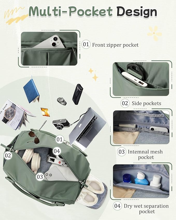 Travel Duffel Bag for Women - Small Waterproof Weekender Tote Carry on Bag with Shoe Compartment, Wet Pocket & Trolley Sleeve - Ideal for Gym, Yoga, Swim, Dance & Workout Green