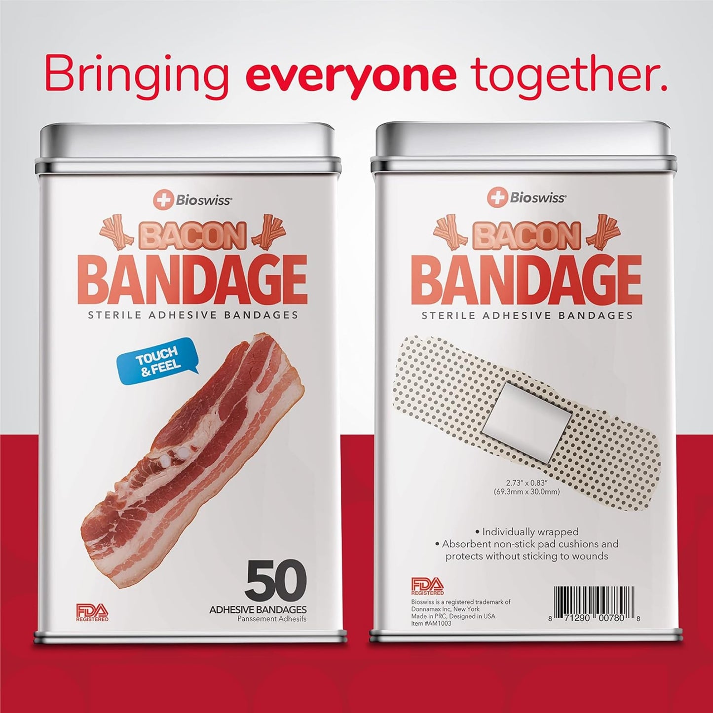 BioSwiss Bandages, Bacon Shaped Self Adhesive Bandages, Latex Free Sterile Wound Care, Fun First Aid Kit Supplies for Kids, 50 Count