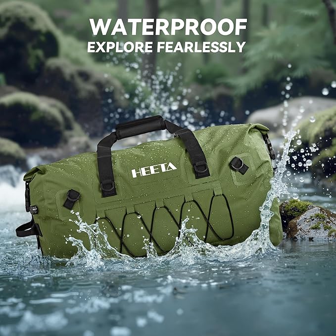 HEETA Waterproof Duffel Bag Motorcycle Dry Bag Backpack, Extra Large Rolltop Travel Duffle Bags with Straps & Handles for Kayaking Rafting Boating Canoeing Camping Gym Beach (Green, 60L)
