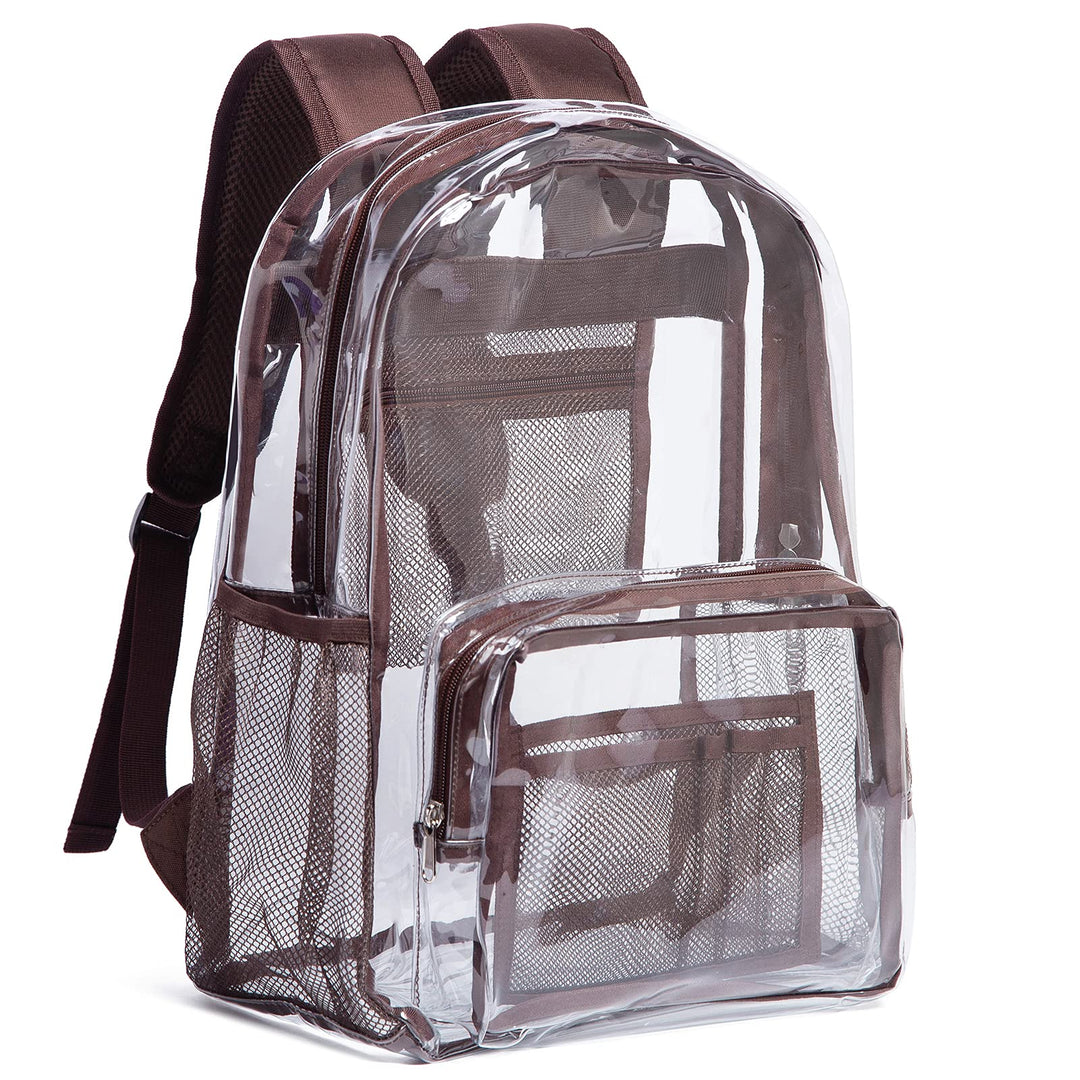 Vorspack Clear Backpack Heavy Duty PVC Transparent Backpack with Reinforced Strap & Large Capacity for College Workplace Security - Coffee