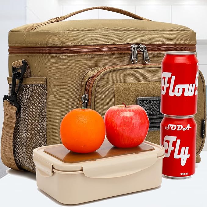 FlowFly Lunch Bag, Insulated Cooler, Thermal Lunch Box Tote with MOLLE/PALS Webbing, Adjustable Padded Shoulder Strap, for Tactical Men Women Adults and Boys Girls Kids (Brown, Large)