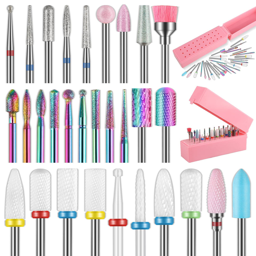 30Pcs Nail Drill Bits Set With 30 Holes Pink Holder, 3/32 Inch Tungsten Carbide Diamond Ceramic Quartz Pointed Cuticle Puntas Pa