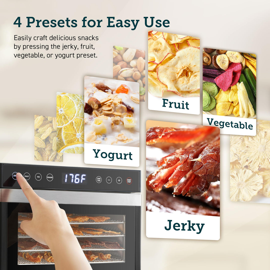 COSORI Food Dehydrator for Jerky, 176Β°F Temperature Control, 5 Stainless Steel Trays Dryer Machine, 4 Presets, 48H Timer, for Dog Treats, Meat, Fruit, Veggies, Snacks, Recipe Book Included