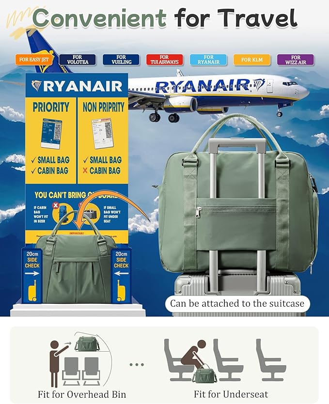 Travel Duffel Bag with Shoe Compartment, Large Weekender Bags for Women with Trolley Sleeve for Airplane, Waterproof Carry on Bag Sport Tote Bags Hospital Holdalls, Green