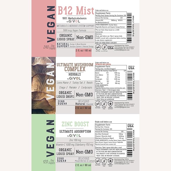 Cognitive Wellness Bundle Liquid Vitamin Trio: Methylcobalamin B12, Lions Mane, Reishi, Chaga Mushroom Complex & Zinc Picolinate: Gluten-Free, Sugar-Free, Non-GMO - 360 Days Supply