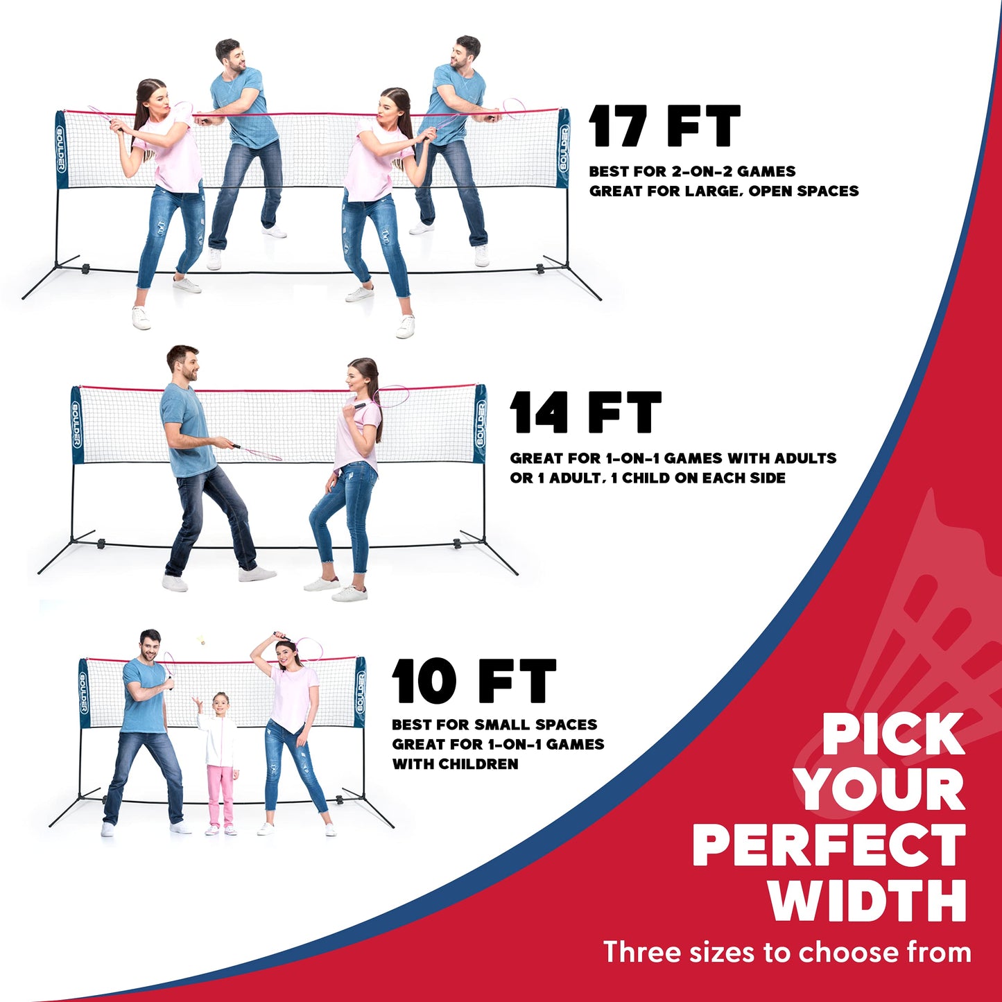 BOULDER Portable Badminton Net Set - for Tennis, Soccer Tennis, Pickleball, Kids Volleyball - Easy Setup Nylon Sports Net with Poles (Blue/Red, 17 FT)