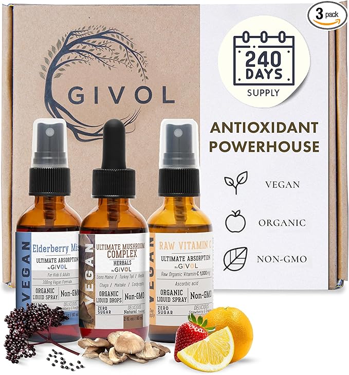 Antioxidant Powerhouse Bundle - Elderberry, Raw Vitamin C, Mushroom Complex - Nutriments, Phytonutrients & Cognitive Well-Being All in One Package - Multivitamins - 2 Fl Oz - 240 Days Supply