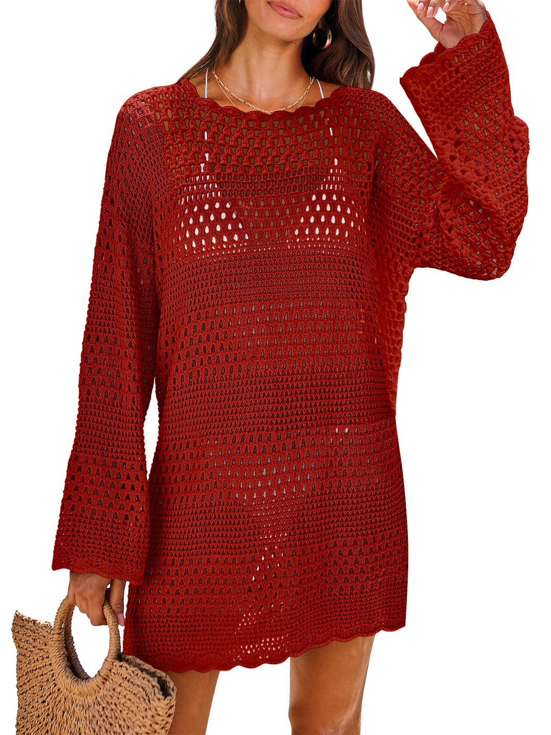 ANRABESS Women Swimsuit Crochet Swim Cover Up 2024 Summer Bathing Suit Swimwear Mesh Knit Beach Dress Vacation Outfits Burgundy Small