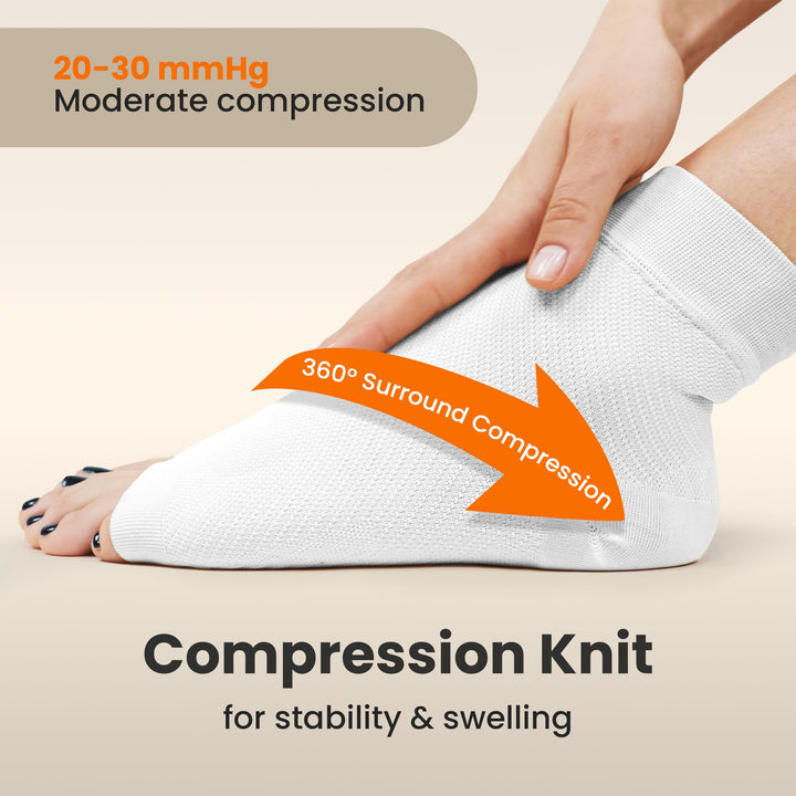 KEMFORD Ankle Compression Sleeve - Plantar Fasciitis Braces - Open Toe Compression Socks for Swelling, Sprain, Neuropathy, Arch Support for Men and Women - 20-30mmhg, M, White and Black